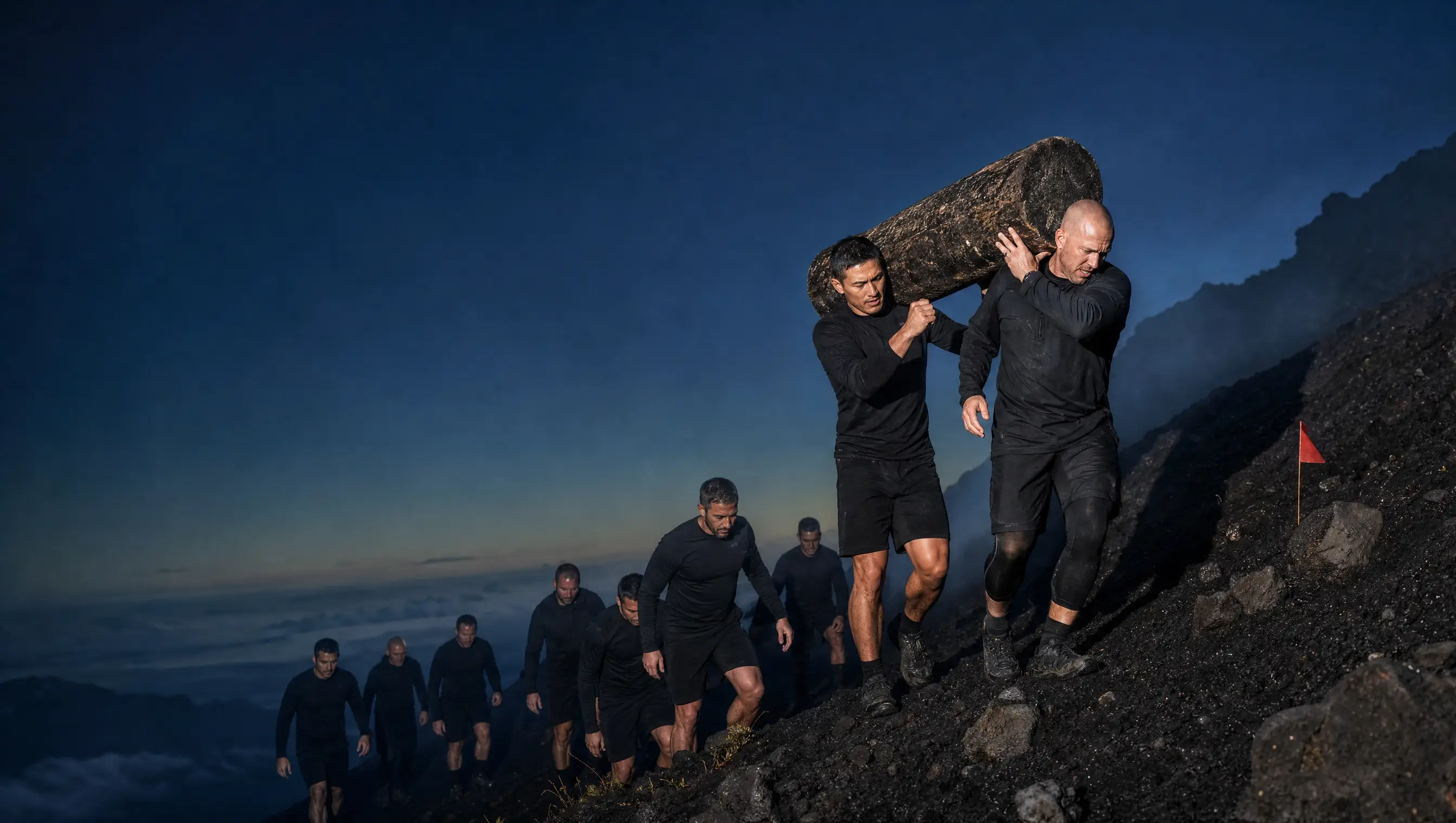 A team moving together across Mount Batur before sunrise